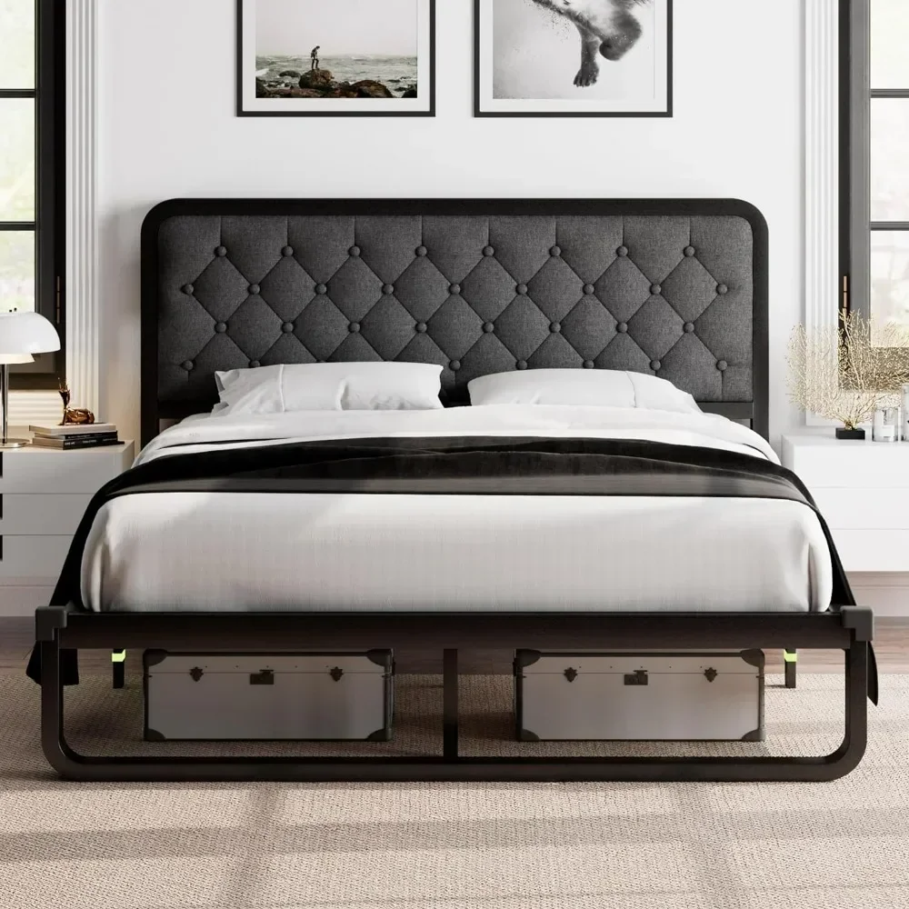 Bed Frame, Upholstered Platform Bed Frame with Heavy-Duty Metal Steel Slats, Diamond Linen Headboard, 12