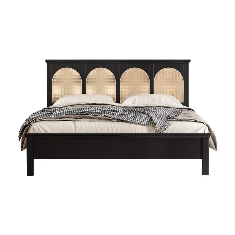

Retro rattan braided bed, black French solid wood bed, double medium and ancient bed, amazing wind