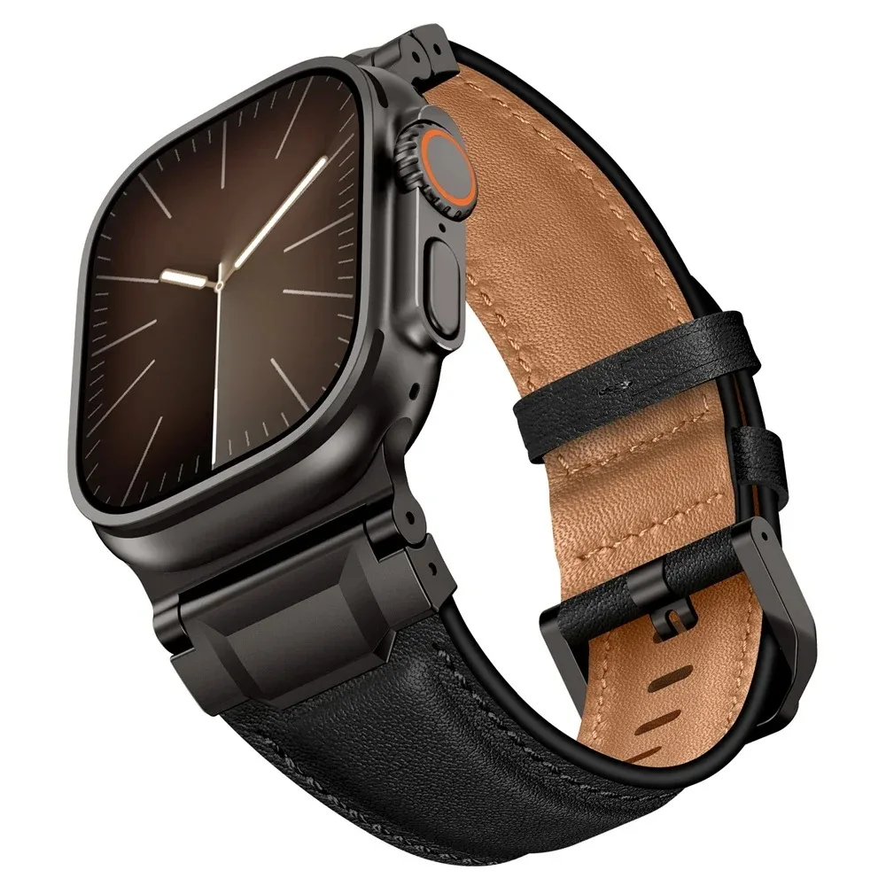 Business Armor Leather Band For Apple Watch Series 11 10 9 8 7 6 5 SE Ultra Fits 42 44 45 46 49mm Titanium Black Clasp Men