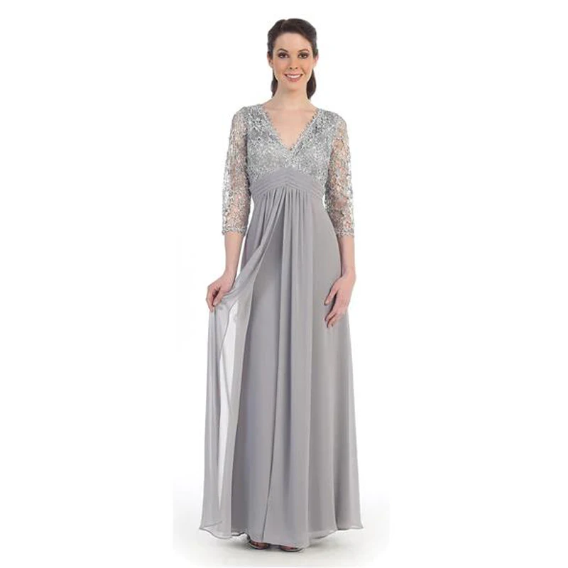 Customized 2024 Mother of the Bride Dresses for Weddings Silver Full Length Long V-Neck 3/4 Sleeve Chiffon Empire Kurti Vestido