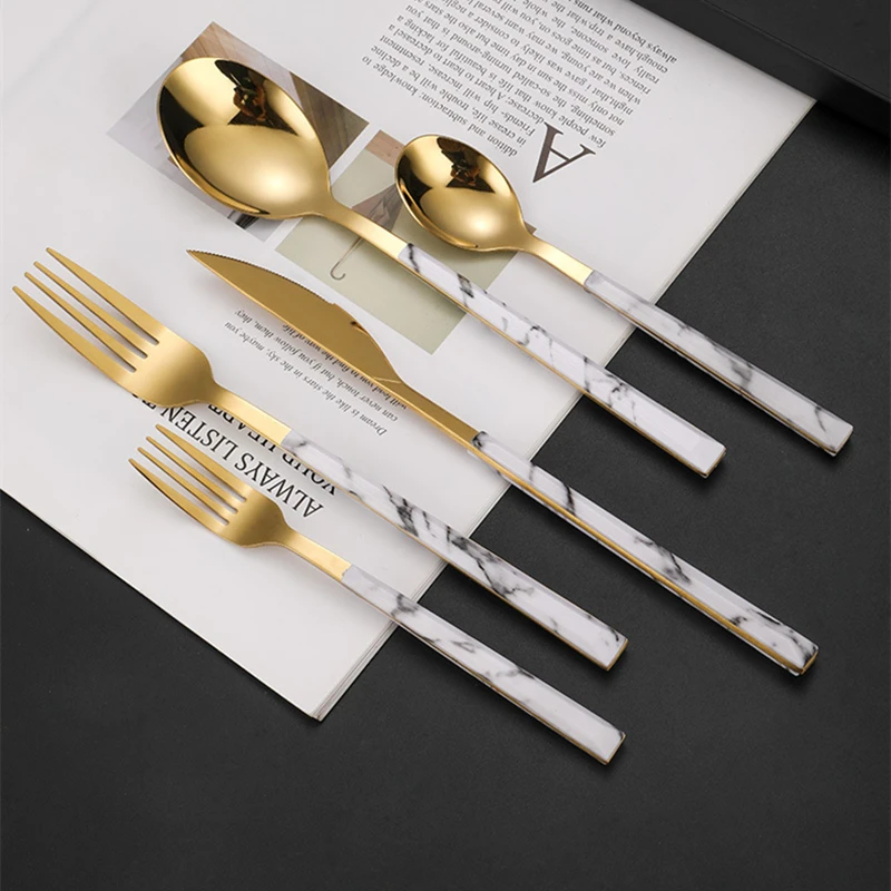 5Pcs Western Style Stainless Steel Cutlery Set Marble Pattern Steak Knife Fork Spoon Durable Tableware Home Kitchen Utensils