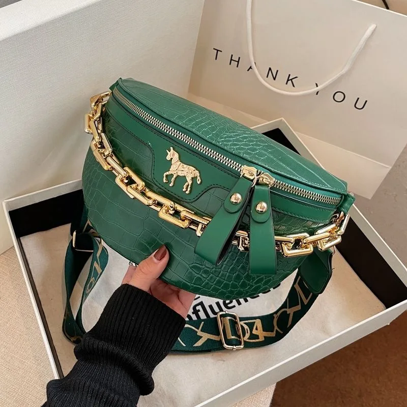 Thick Chain Women\'s Waist Bag Alligator Pattern Fanny Pack Fashion Shoulder Crossbody Chest Bags Banana Handbag Female Belt Bag