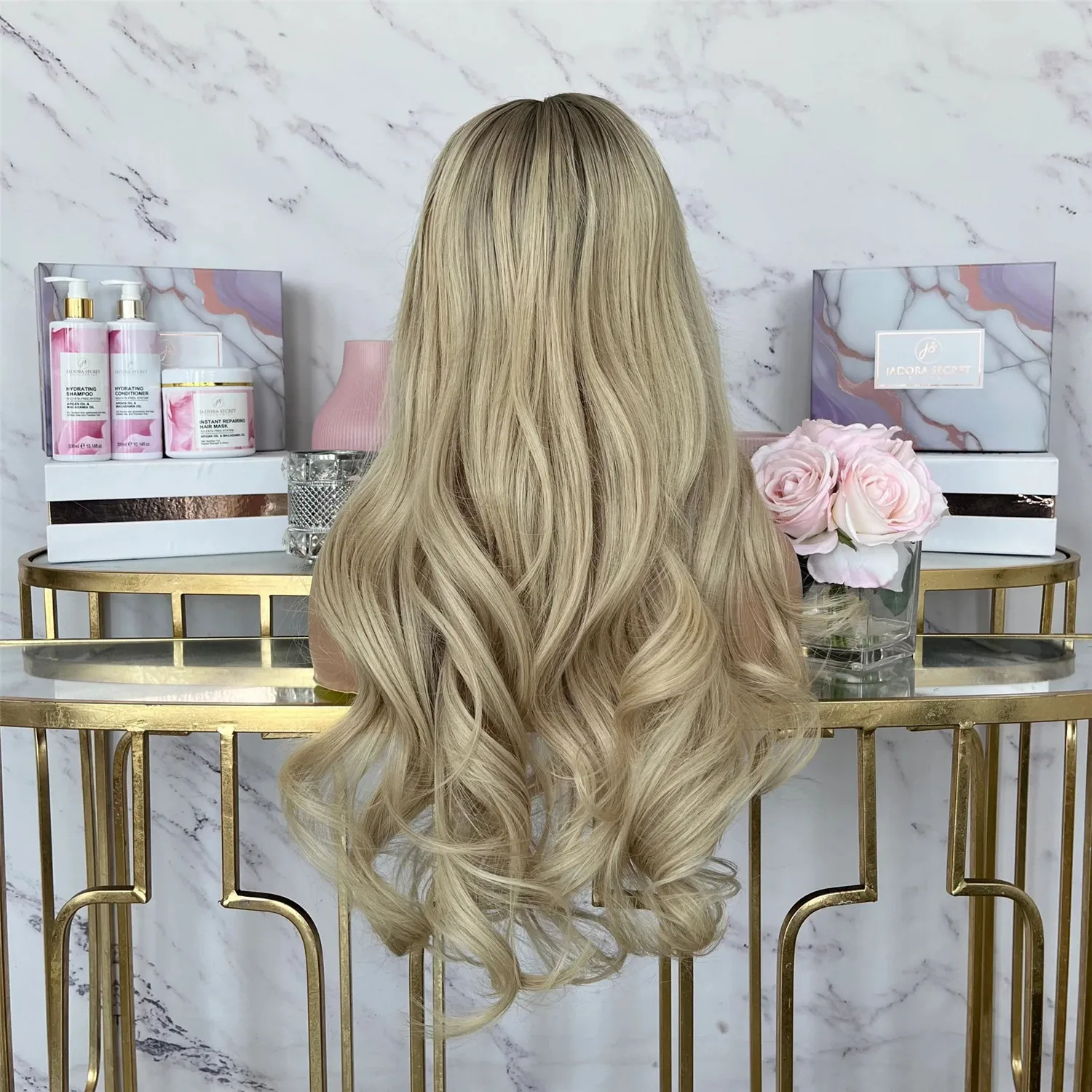 28Inch Long Ash londe Body Wave Synthetic Lace Frontal Wigs Shadow Roots Glueless Wig Natural Preplucked Hairline Women's Hair
