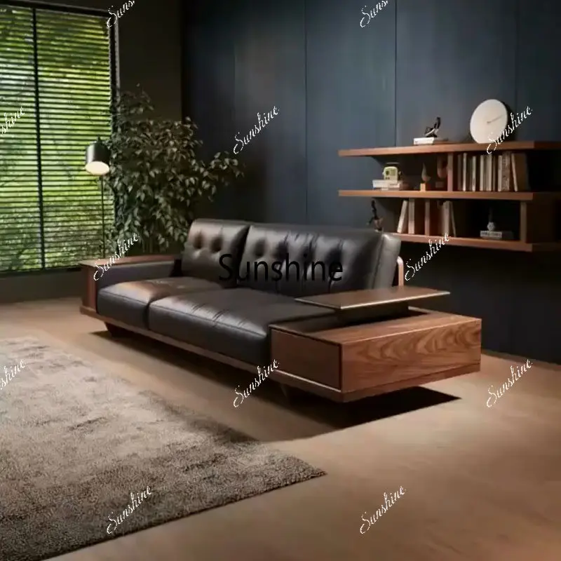 

Leather sofa modern simple light luxury three-person straight row small apartment living room