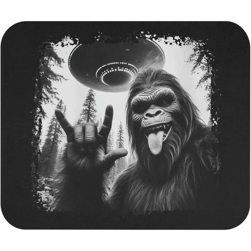 

Small mouse pad Square PC desk mat Funny Sasquatch Bigfoot Rock on Selfie with UFO Alien mousepad Rubber Lockover portable rug