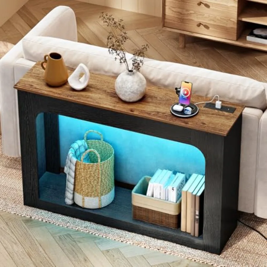 47.2 Long Console Table rrow Entryway Table with Charging Stationd LED Lights 2Tier Farmhouse Behind Couch Table with Storage L