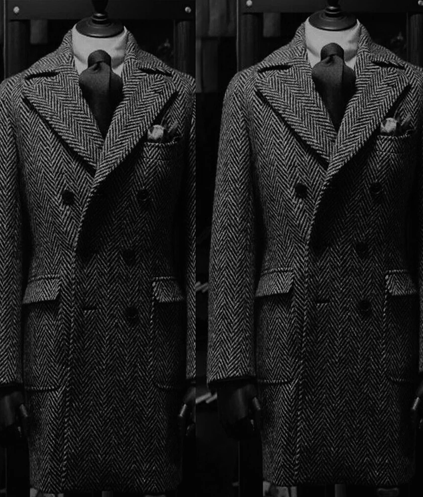 

Men's trench coat, European and American style, herringbone pattern, slim-fit, temperament Double Breasted Woolen coat