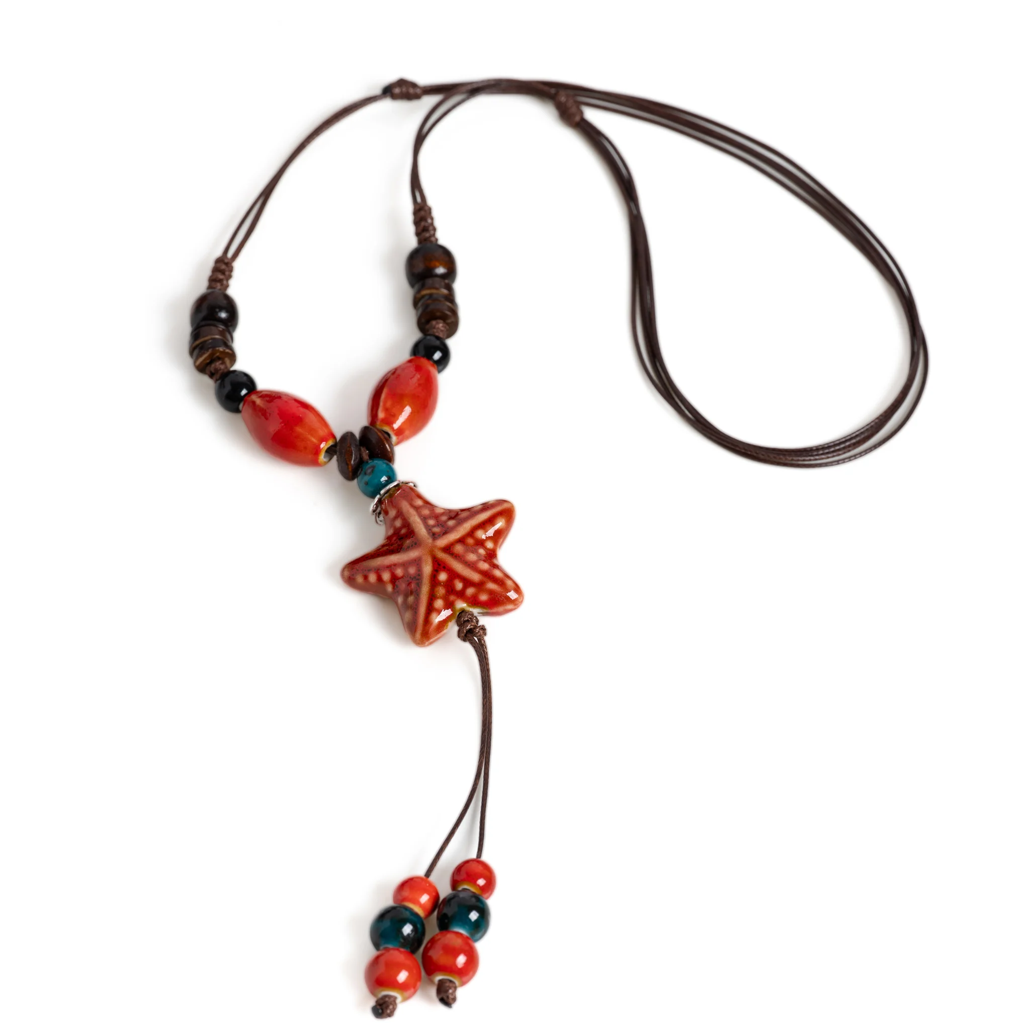 Handgefertigte Halskette mit Seestern-Anhänger, Retro-Stil, rote Keramik, lange Pullover-Kette, Schmuck