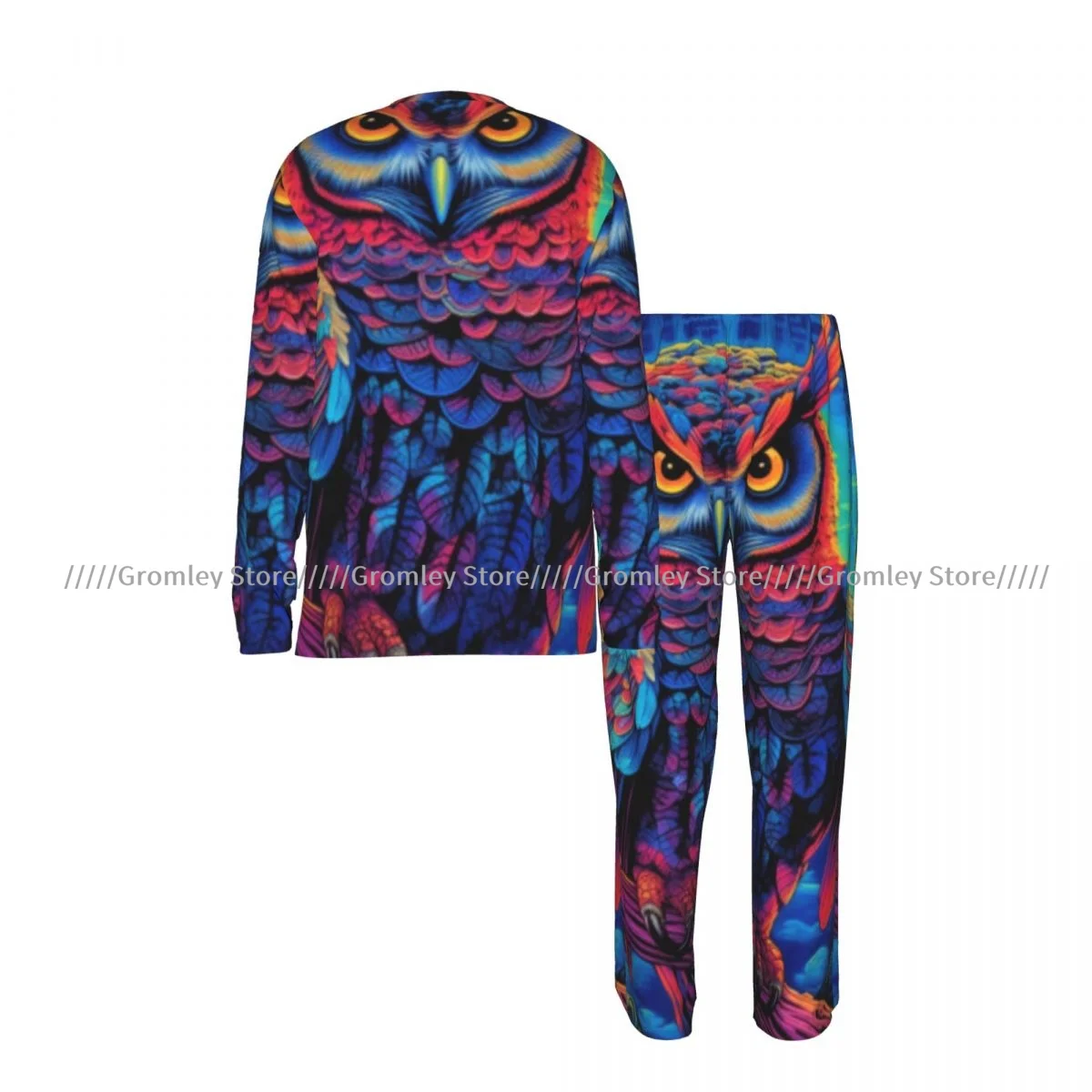 Men's Pajama Set Long Sleeve and Long Pants Colorful Owl On Branch In The Forest Soft Sleepwear for Home