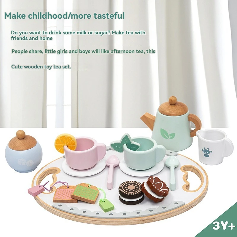 Ensemble de thé de l'après-midi en bois pour enfants, jouet de simulation, jeu de rôle d'apprentissage des aliments, jouets éducatifs précoces pour filles et garçons, cadeaux pour enfants