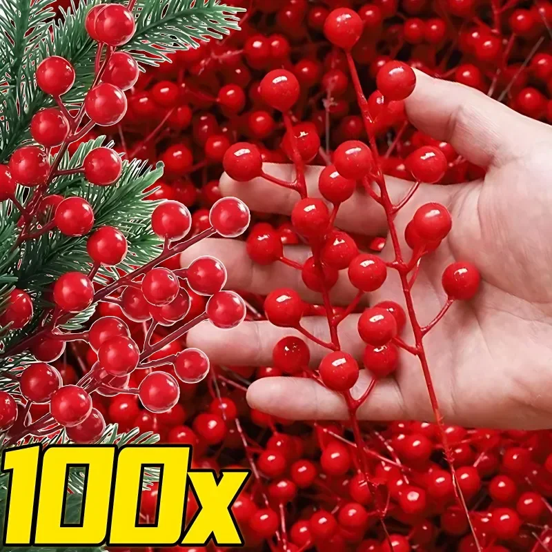 100/5Pcs Artificial Berries Christmas Decoration Red Berry Branches 7/14 Head Berries Stems Bouquet DIY Xmas Tree Wreath Decor