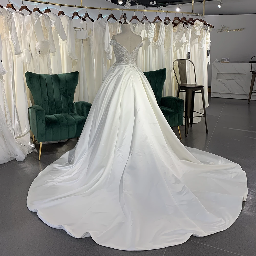 A linha com decote em v mancha vestidos de casamento 2025 trem varredura personalizado mangas curtas lantejoulas vestidos de noiva novia lsg072
