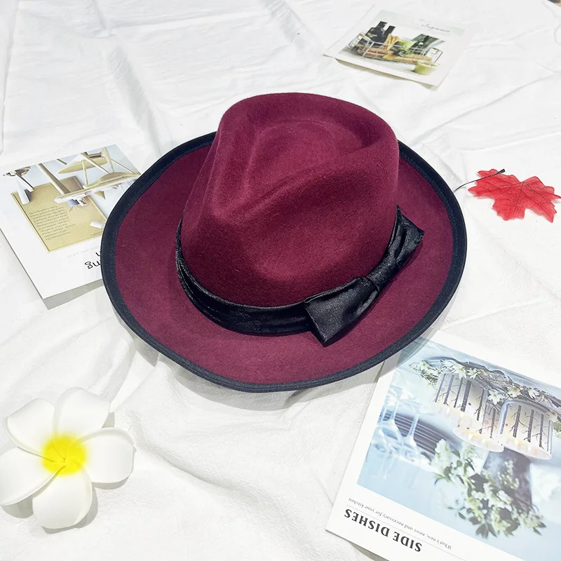 

Wool Top Hat Bow-Tie Decorated Australian Wool Felt Hat Flared Felt Hat