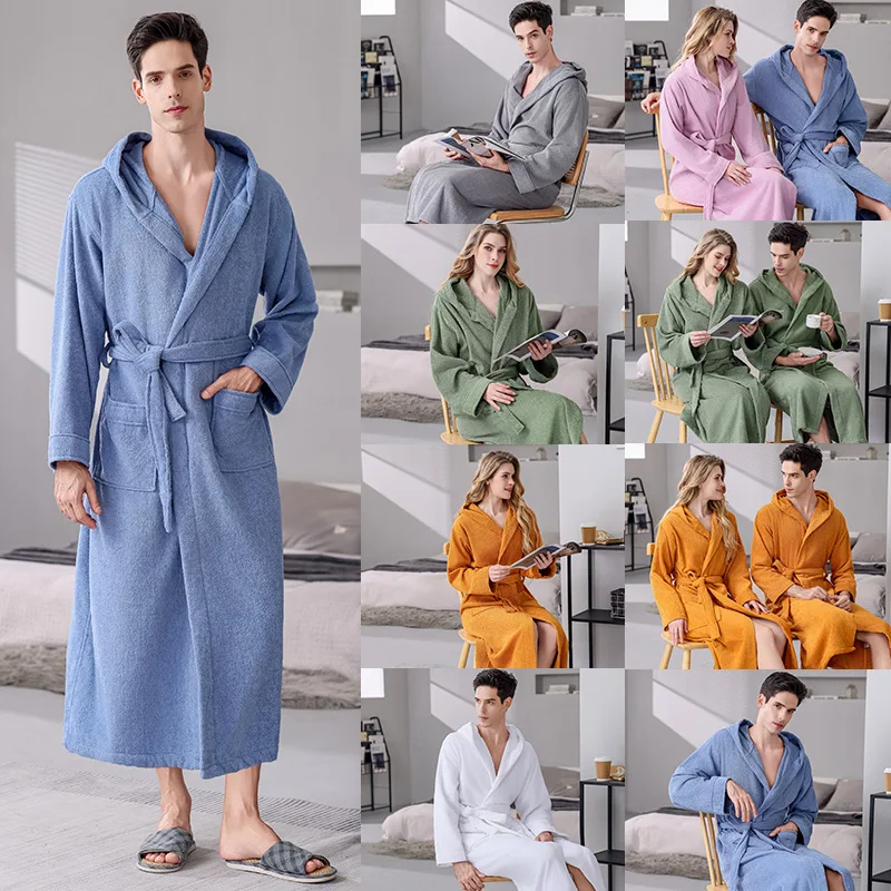 Warm Sleepwear Thicken Towel 100% Cotton Men Robe Plush Coral Fleece Hooded Bathrobe Gown Winter Lounge Wear Home Wear Nightwear