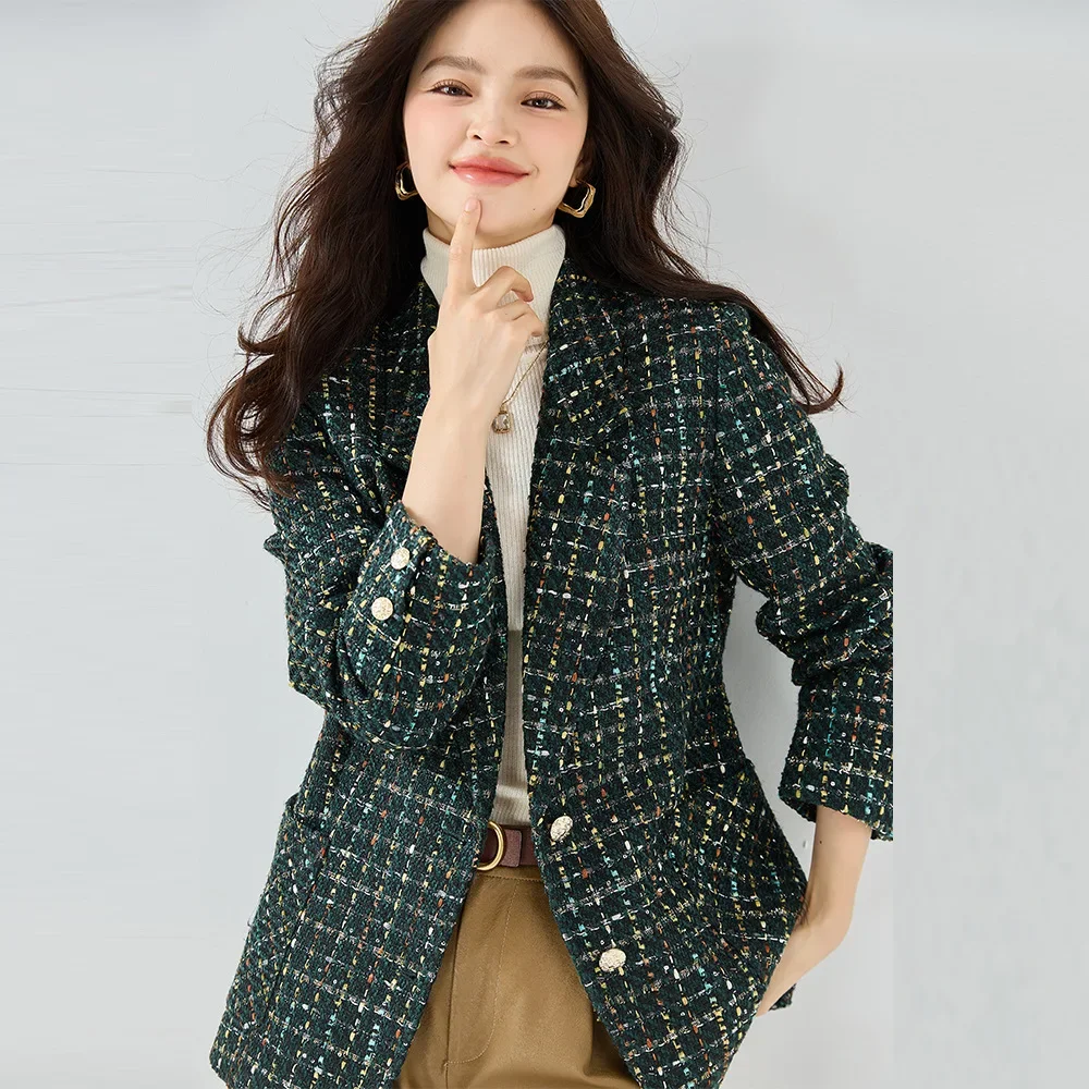 

Commuting Suit Blazers Women Autumn Floral Gauze Bright Silk Dark Green Jackets Tops Viscose Loose Lattice Tailored Coat Lady