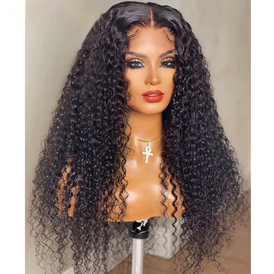 

Middle Part Preplucked Glueless 26" 180%Density Long Black Kinky Curly Lace Front Wigs For Women Baby Hair Heat Resistant Daily