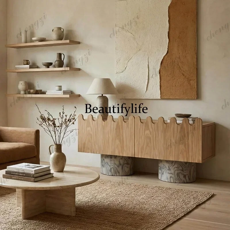 M45 Medieval ash wood dining side cabinet Solid wood wavy locker Designer storage cabinet