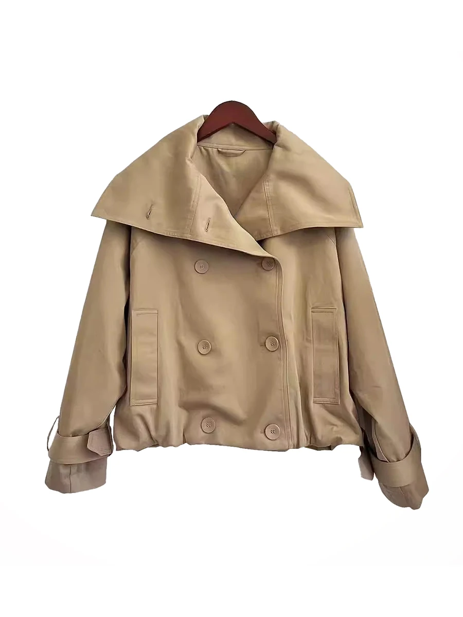 Lautaro Herfst Cool Korte Oversized Kaki Jasje Vrouwen Stand Kraag Double Breasted Losse Casual Koreaanse Mode Kleding