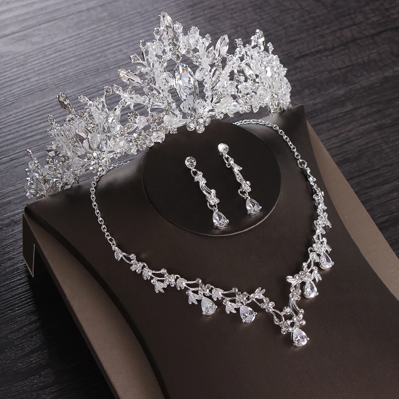 

Luxury Heart Crystal Bridal Jewelry Sets Wedding Cubic Zircon Crown Tiaras Earring Choker Necklace Set African Beads Jewelry Set