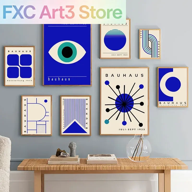 Rahmenlose, blaue Bauhaus-Geometrie-Leinwandmalerei, abstrakte Wandkunst, Poster, Drucke, Farbblockbilder für die Inneneinrichtung des Zimmers, Heimdekoration