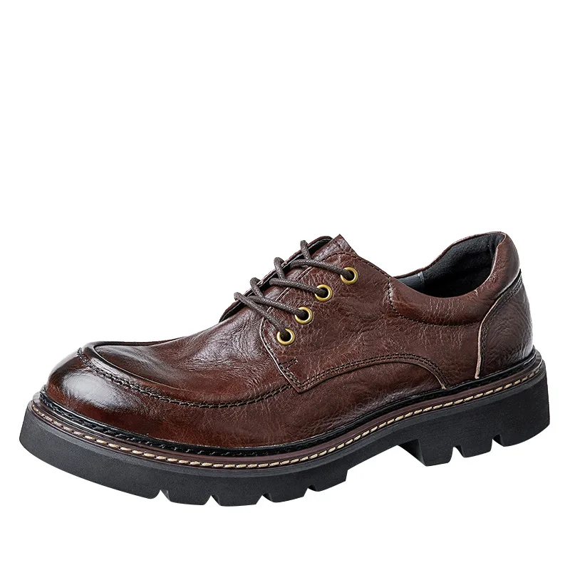 Men's Fleece Lined Derby Shoes, Chunky Platform Sole Lace-Up Boots for Winter, Retro Business Casual Handmade Leather Shoes