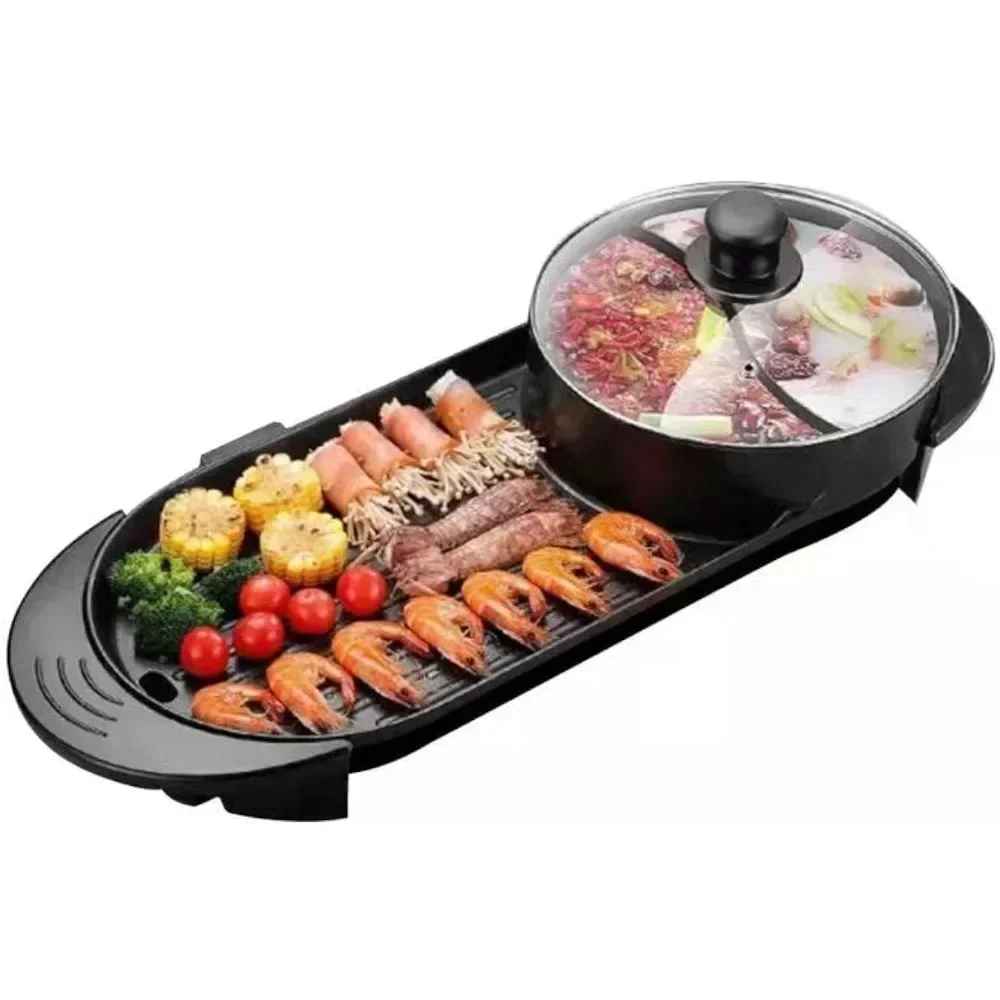 Hot pot with BBQ Grill 2 in 1 Electric Grill Non-Stick Korean Barbecue Grill Independent Dual Temperature Control 110V