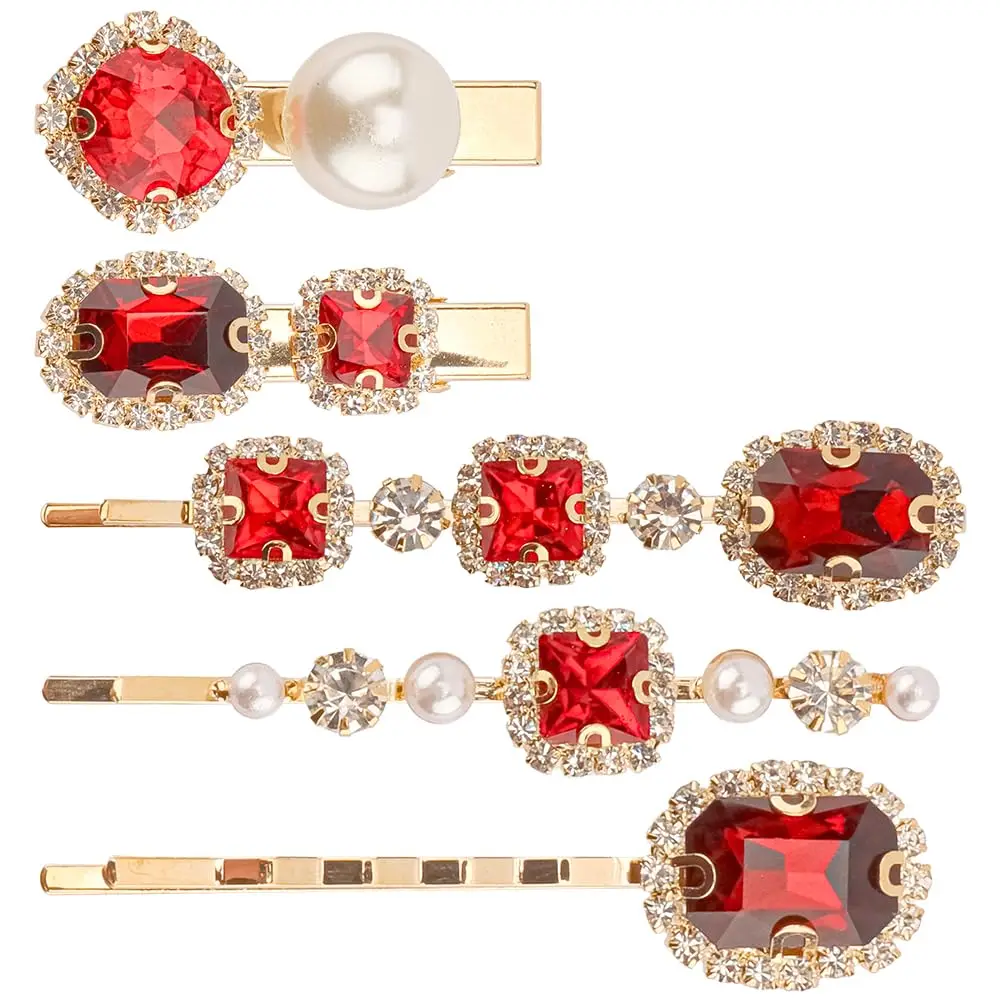 

5Pcs Red Vintage Rhinestone Hair Barrette for Women Elegance Pearl Gold Bobby Pins Decorative Hair Accessories for Women for