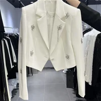 2025 Spring Women Long Sleeve Suit Short Coat Design Sense Heavy Industry Diamond studded Beads Wide Shoulders Irregular Suit 6