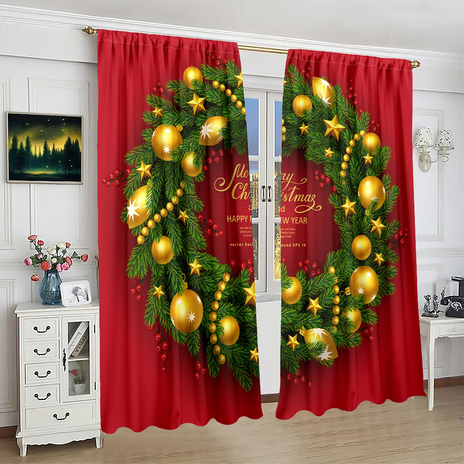 2 pieces of Christmas and New Year wreath printing curtain - polyester material - suitable for bedroom living room study ro