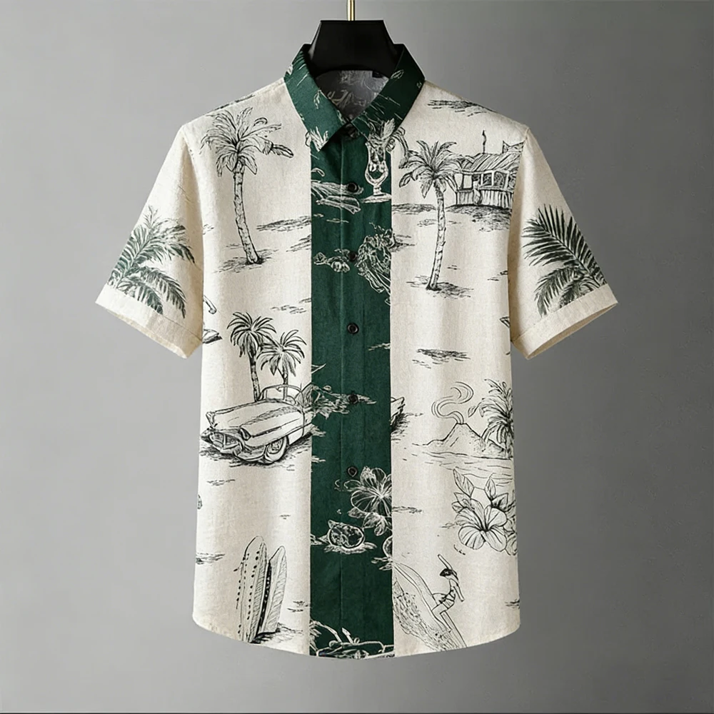 Retro Vacation Style Palm Tree Surfboard Printed Short Sleeved Shirt for Men's Commuting Versatile Shirt