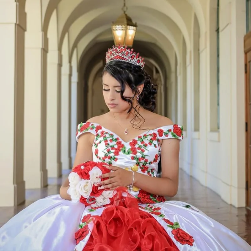 Red Quinceanera Dress off-shoulder Lace  layering glitter flower decal Long tail vestidos de 15 Quinceanera ﻿Customize