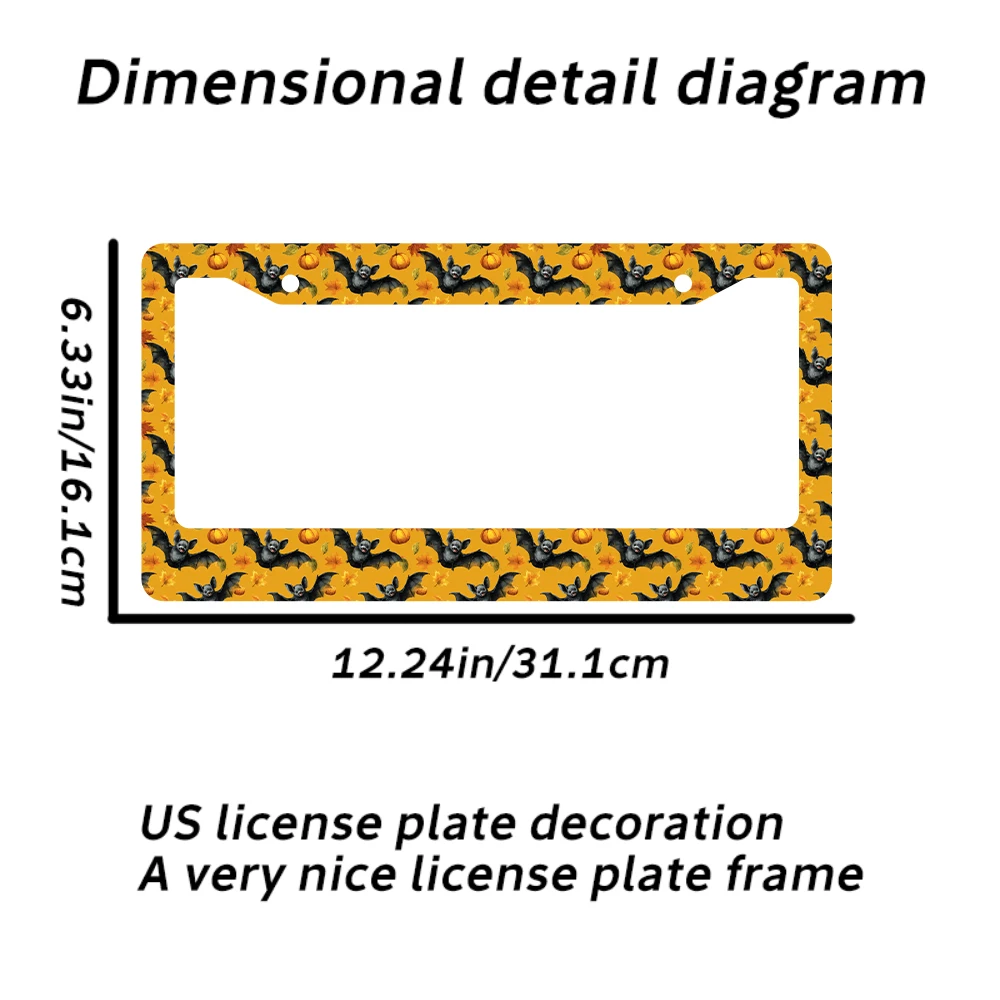 1pc Yellow Bat Pumpkin Pattern 2-Hole License Plate Frame Aluminum Material 6x12 Inches with Screw Set Retro Novelty Car Decora