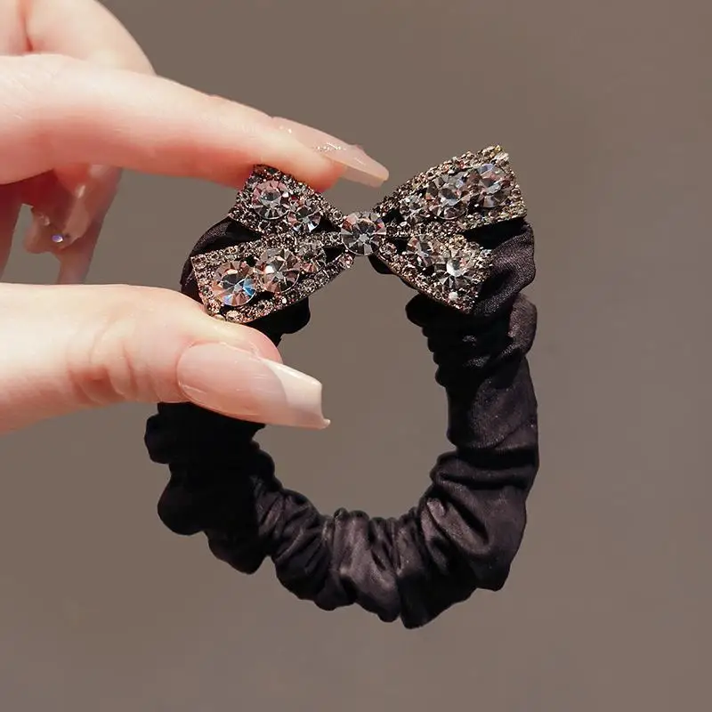 Moda Rhinestone Bow Scrunchies kobiety elastyczne gumki do włosów krawat gumka do włosów liny nakrycia głowy dziewczyny akcesoria do nakrycia głowy