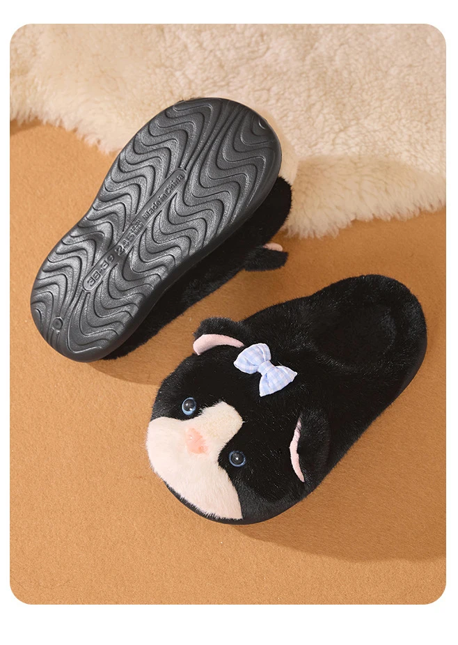 Winterwarme, geschlossene Katzenpantoffeln für Damen, verspielte, seitlich gefleckte, flauschige Loafer, flauschige Hausschuhe für Damen, Plüschpantoffeln. – Detail 15