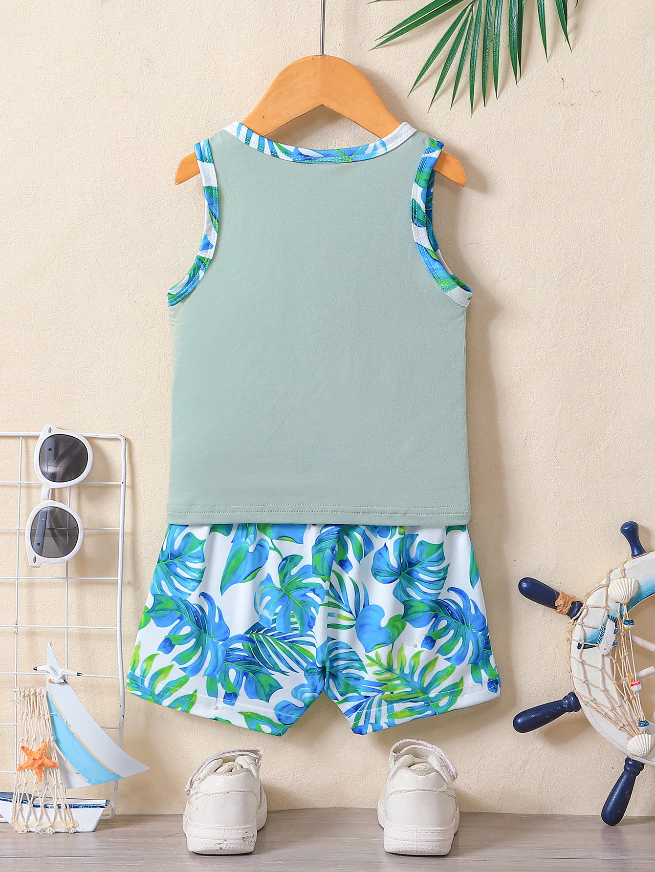 2pcs Summer Baby Boys Tropical Print Tank Set, Color Block Top + Shorts, Fresh Casual Style, Daily/Beach Wear, 0-3Y, Breathable