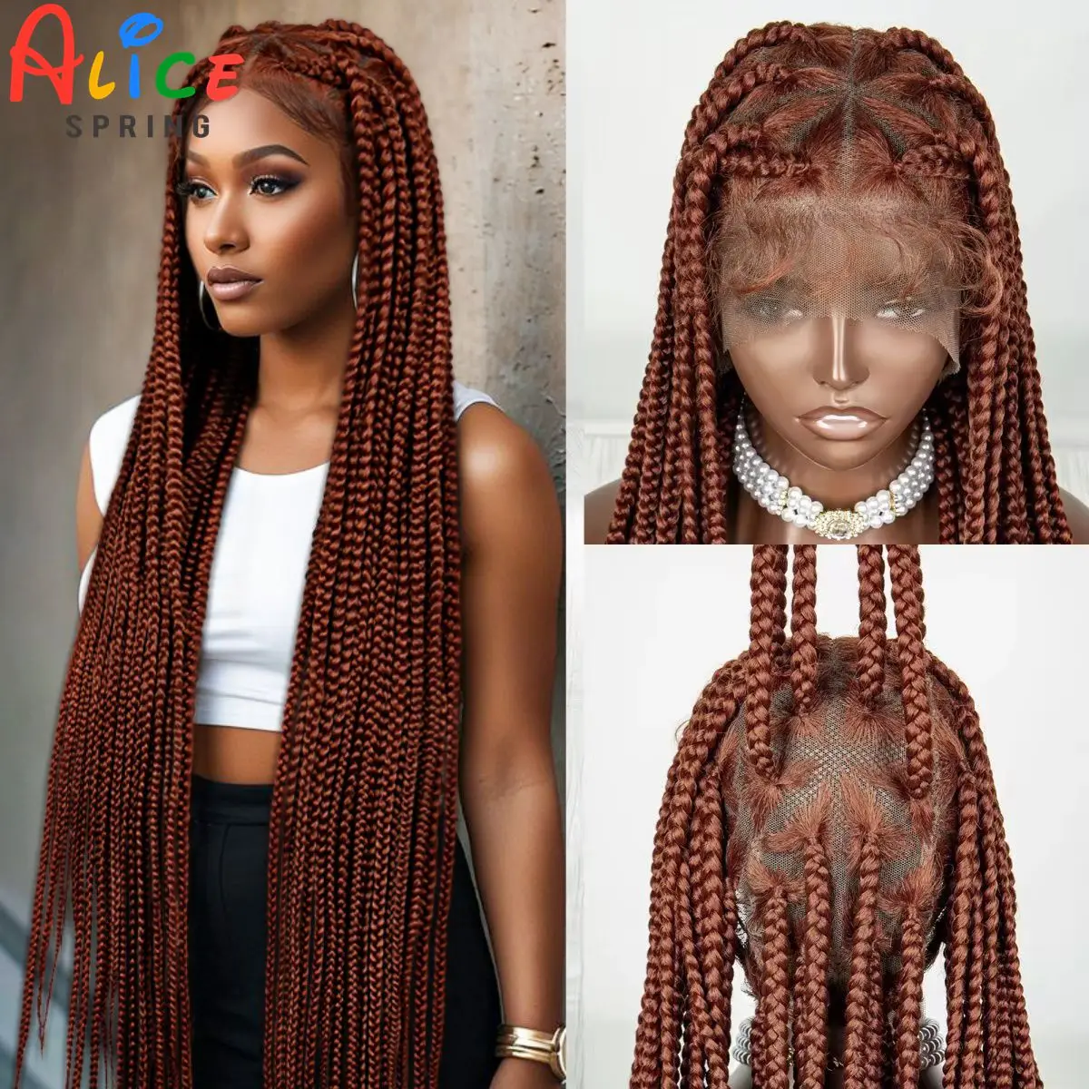 36inch 350# Ginger Orange Knotless Box Braided Wigs Synthetic Full Lace Braids Wig For Women Crochet Braids Wig with Baby Hair