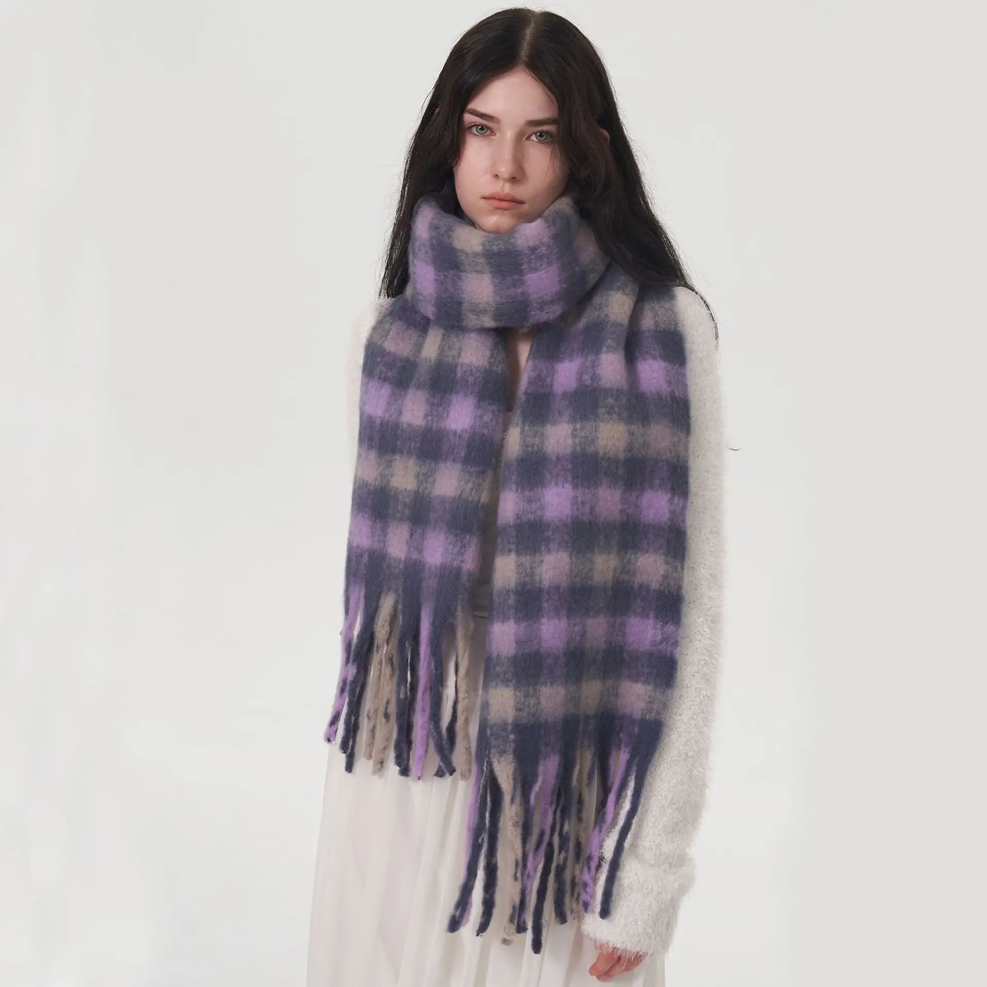 Winter Warm Women's Scarf Purple Plaid Thicken Shawl New Fashion Cashmere Cape Wraps Large Size echarpe femme hiver bufanda