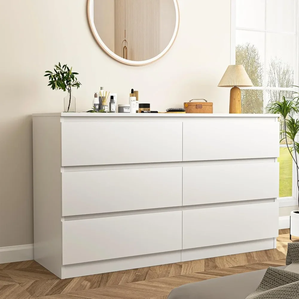 

White Dresser 6 Drawer, Modern Double Dresser for Bedroom, Wood Chest of Drawers with Wide Storage for Living Room