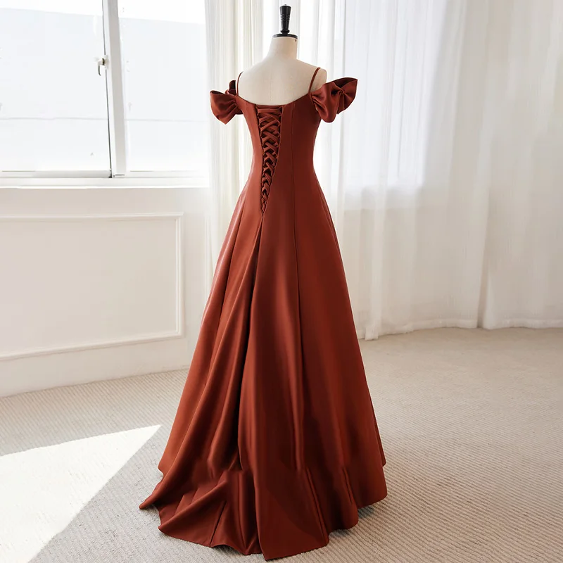 Evening Dress Boat Neck Auburn Pleat Floor-Length Short Sleeves Lace Up A-Line Simple Satin New Party Formal Dresses Woman B2788