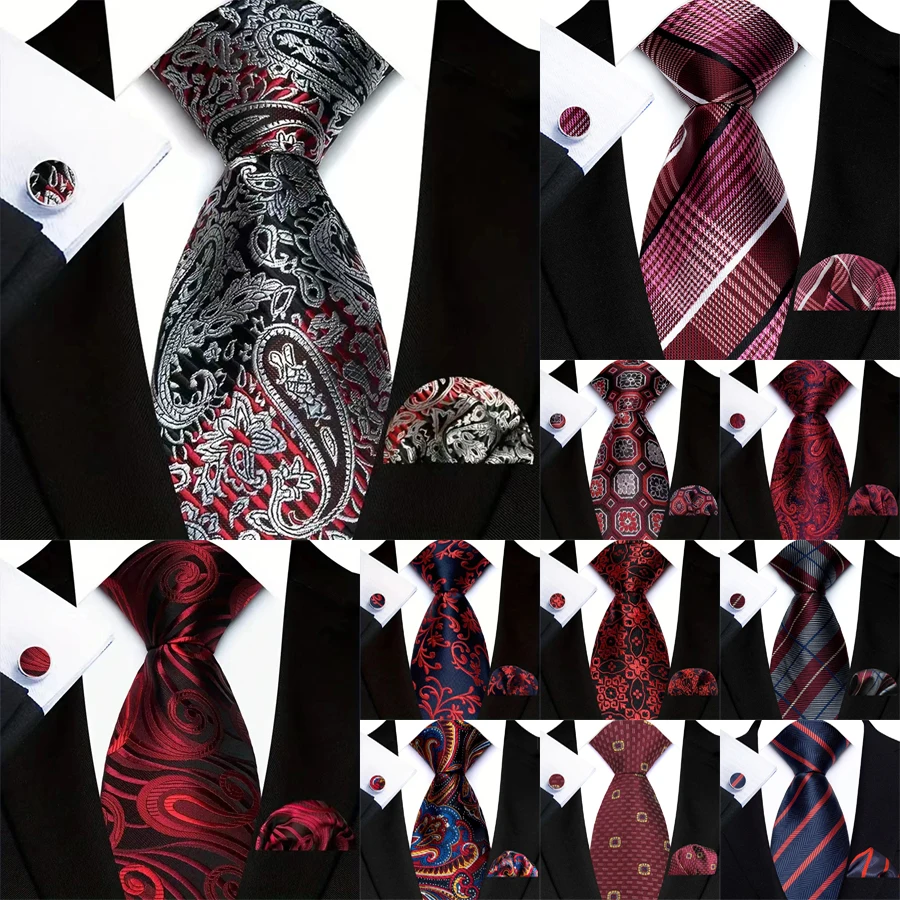 Neuheit Rot Dunkelrot 8CM Krawatten Für Männer Jacquard Gewebt Paisley Floral Einstecktuch Manschettenknöpfe Set Für Bräutigam Hochzeit party Business