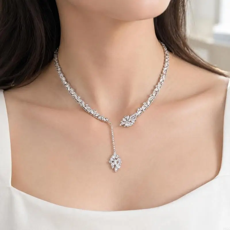 195C Open-Front Collar Necklace with Leaf-Inspired Clusters, Faceted Stone and a Drop Centerpiece for Parties