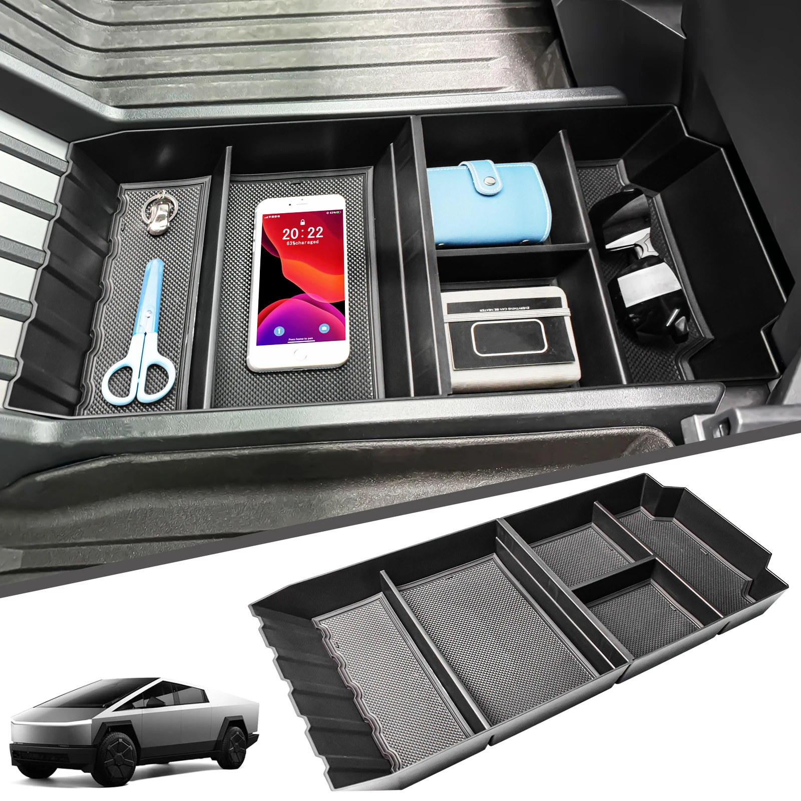 

Compatible with 2024 Tesla Cybertruck Lower Center Console Organizer ABS Accessories Car Floor Lower Center Console Tray Car Box