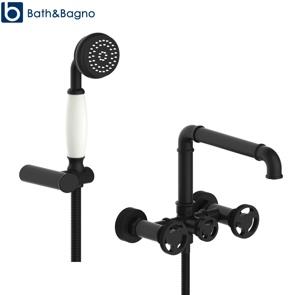 

Industrial Bathtub Faucet Bathroom Shower Mixer Tire Handle Hot Cold Water Solid Brass Matte Black Color Mixter Tap Hand Shower