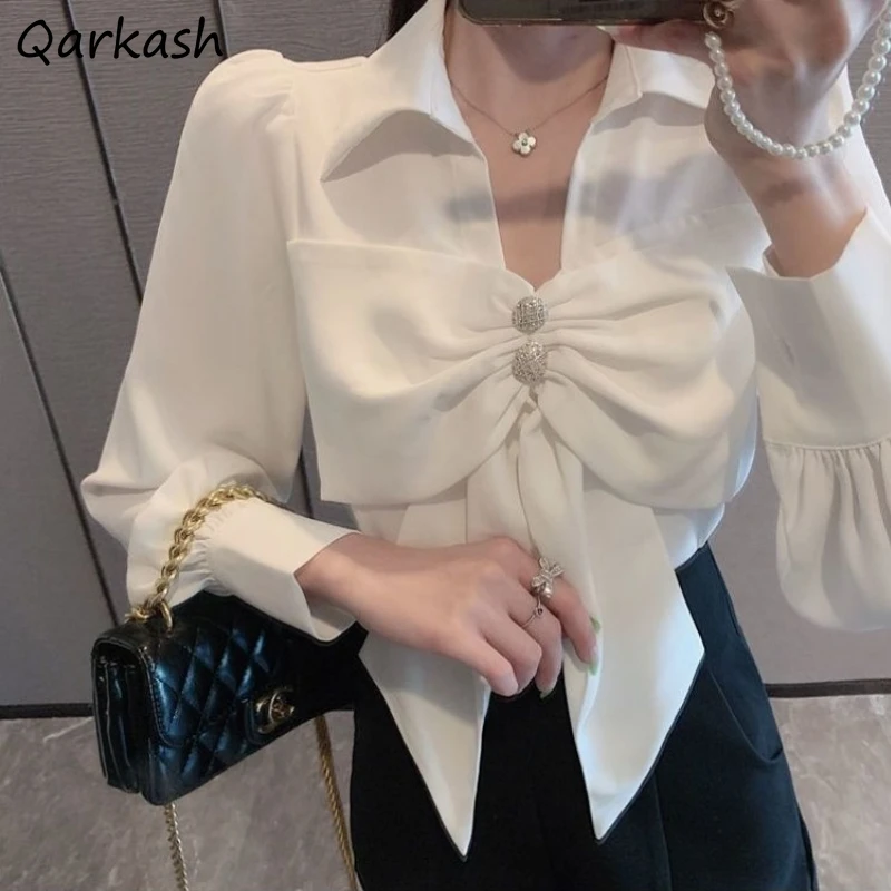 

Bow Blouses Women Long Sleeve Turn Down Collar White French Style Retro Elegant Ladies Commuting Tender Chiffon Spring Loose