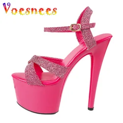 Plus Size Women Sandals New Rose Red 17CM Thin High Heels Pumps Summer Waterproof Platform Party Shoes Fashion Pole Dancing Show