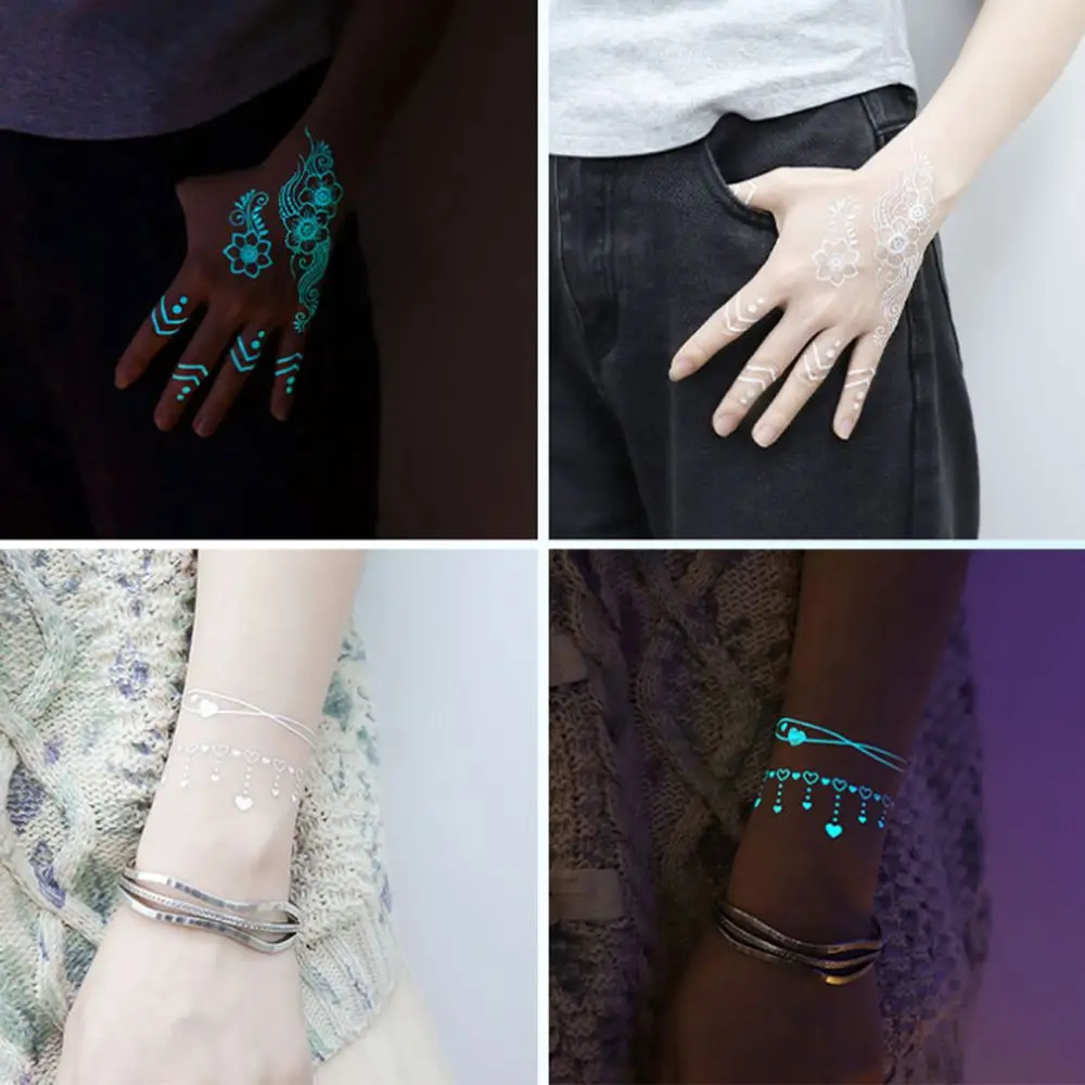 Adesivo per tatuaggio all'henné con bagliore blu che si illumina al buio Tatuaggi temporanei luminosi duraturi Tatuaggi in pizzo finto impermeabile resistente al sudore