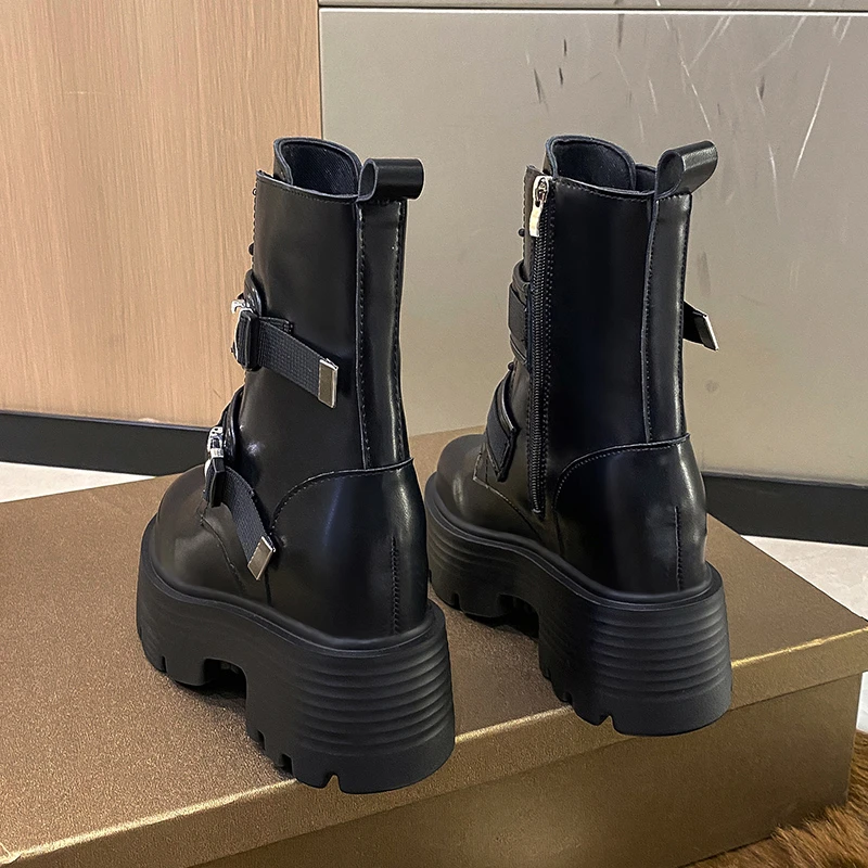 Winter High Platform Leather Boots 8CM Wedges Buckle Ankle Boots Women 2022 Female Punk Style High Heels Motorcycle Shoes Woman