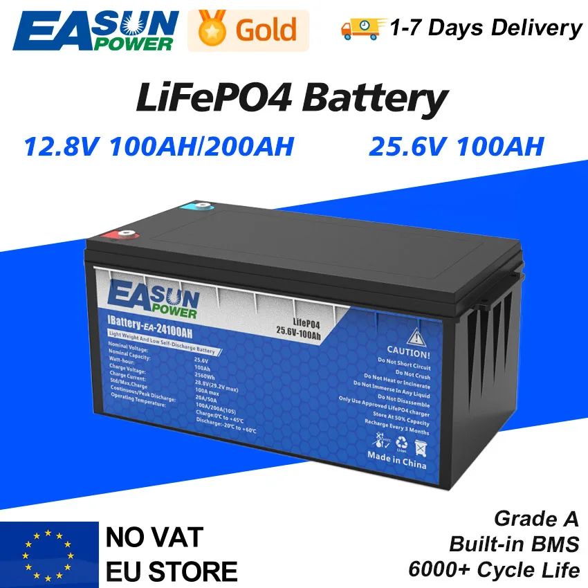 Grade A LiFePO4 Batterij 25.6 V 12.8 V 100AH 200AH 6000 Cyclus Oplaadbare Lithium-ijzerfosfaat BMS voor Zonne-energie EU Verzending