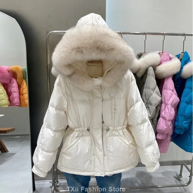 Korean New Winter Women White Duck Down Jacket Real Large Fox Fur Collar Coat Thick Warm Streetwear Female Parka Snow Outwear