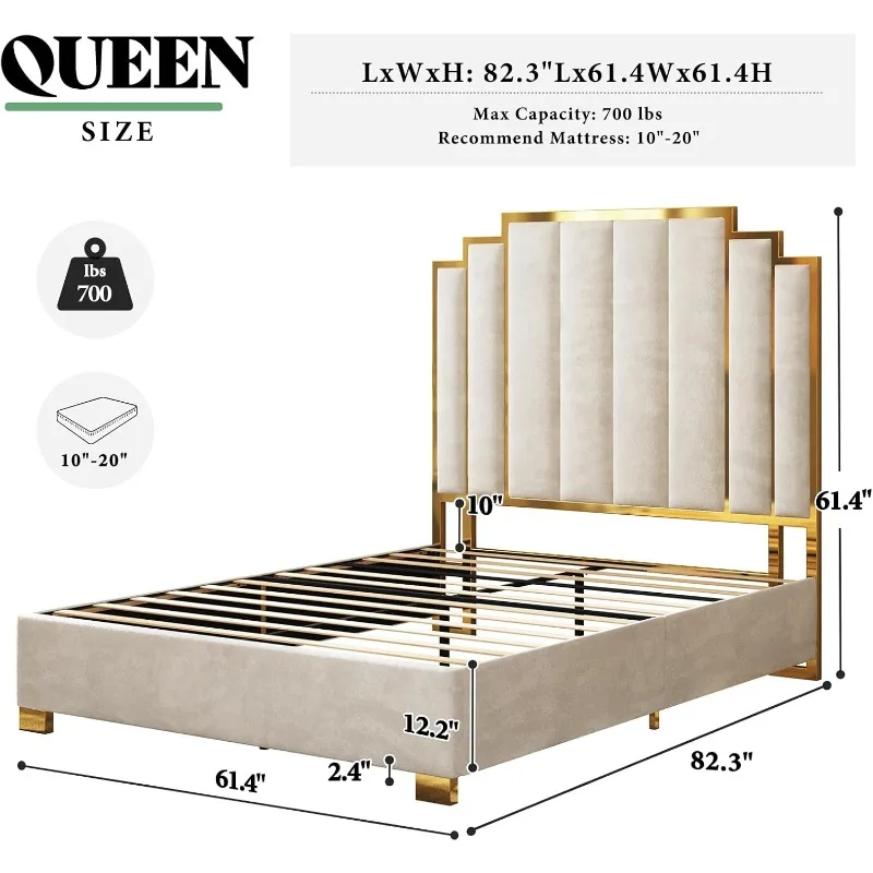 AMERLIFE Queen Size Upholstered Bed, Modern Velvet Bed Frame with 61.4” Tall Gold Trim Headboard, No Box Spring Needed, Cream